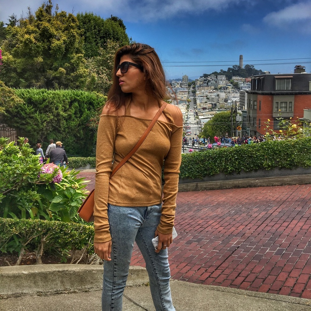 Mustard off shoulder cross strap top